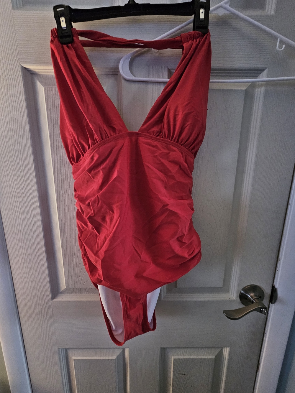 SHEIN Red V-Neck One-Piece Swimsuit with Gathered Front